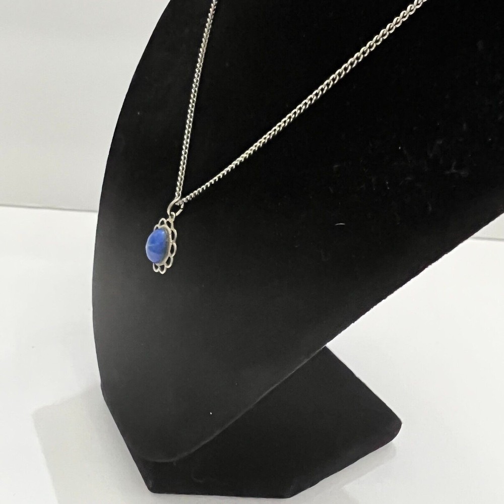 Vtg Faux Star Sapphire Pendant Necklace Silver Tone 8" - Picture 4 of 6